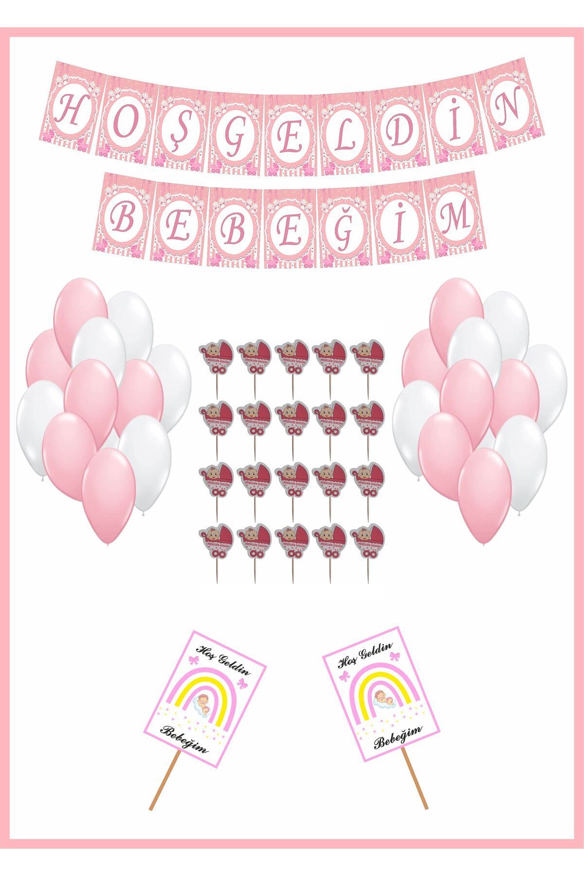 Hoşgeldin Bebeğim Pembe Flama Kürdan Pankart Balon Seti