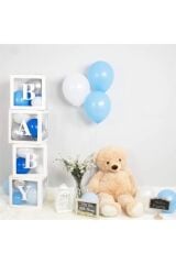 Baby Yazılı Mavi Beyaz Balonlu Şeffaf Balon Kutusu Doğumgünü Hastane Odası  Süsleme
