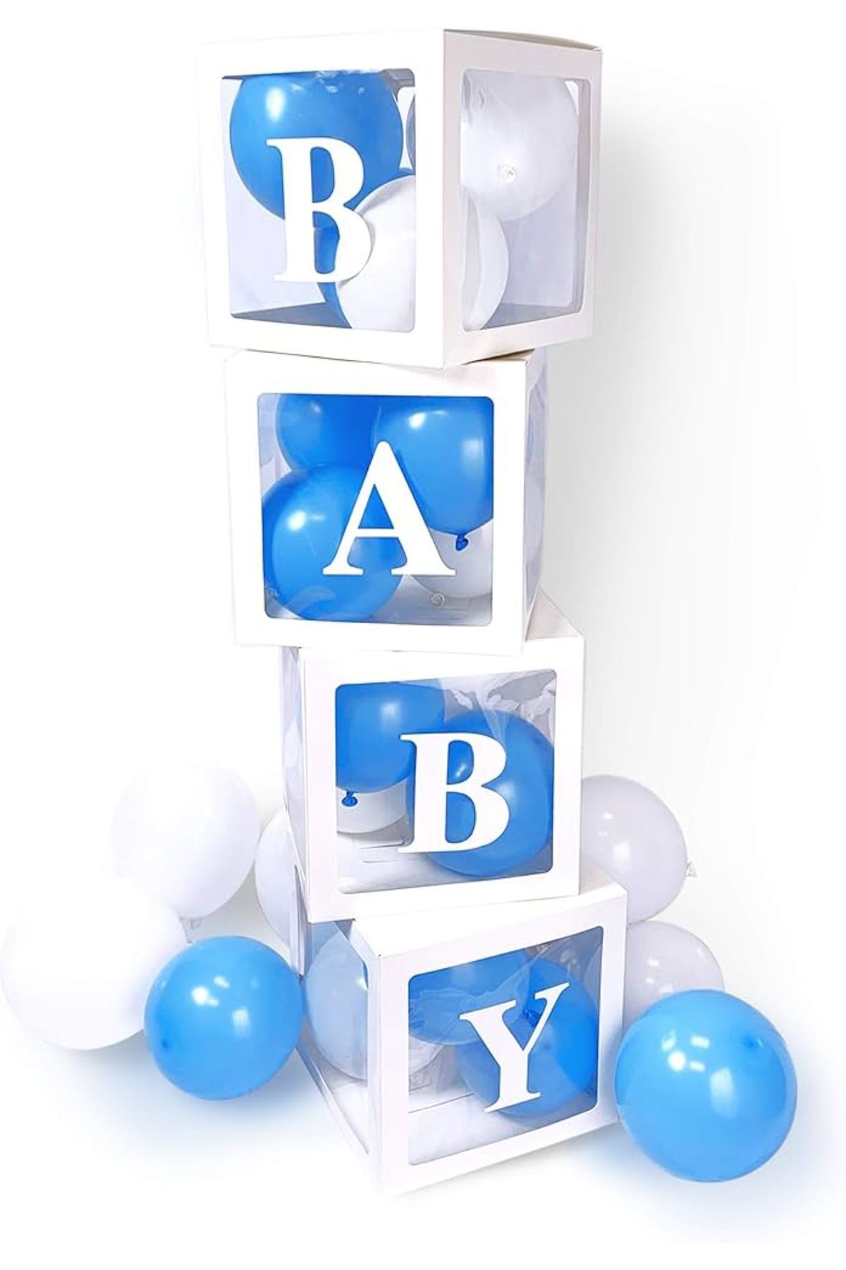Baby Yazılı Mavi Beyaz Balonlu Şeffaf Balon Kutusu Doğumgünü Hastane Odası  Süsleme