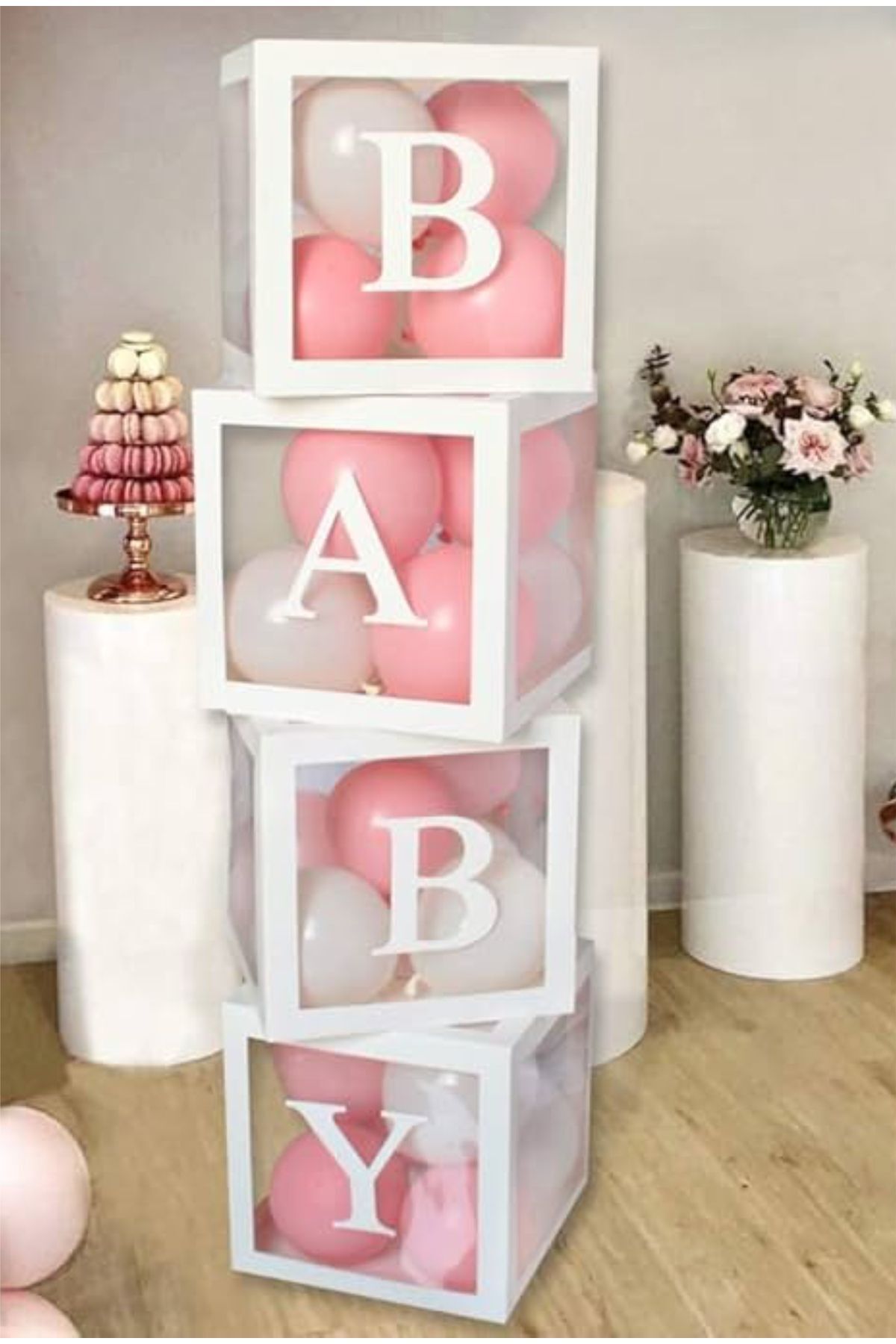 Baby Yazılı Pembe Beyaz Balonlu Şeffaf Balon Kutusu Doğumgünü Hastane Odası  Süsleme