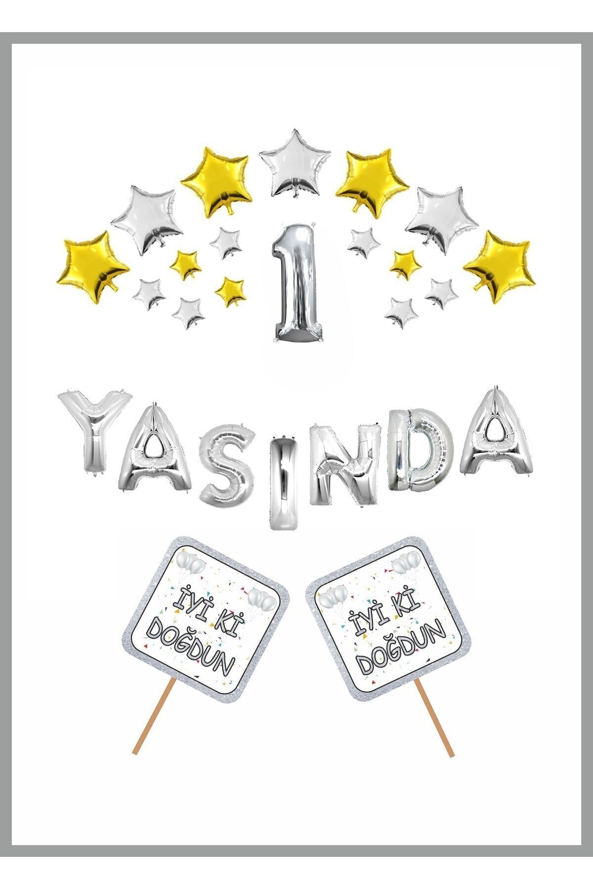 Yaşında Gümüş Konsept Doğum günü Parti Kutlama Seti Yıldız Rakam Yaşında Folyo ve Pankart