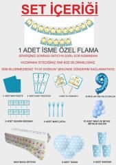 9 Yaş Kişiye Özel Flamalı Mavi Doğumgünü Parti Seti 8 Kişilik