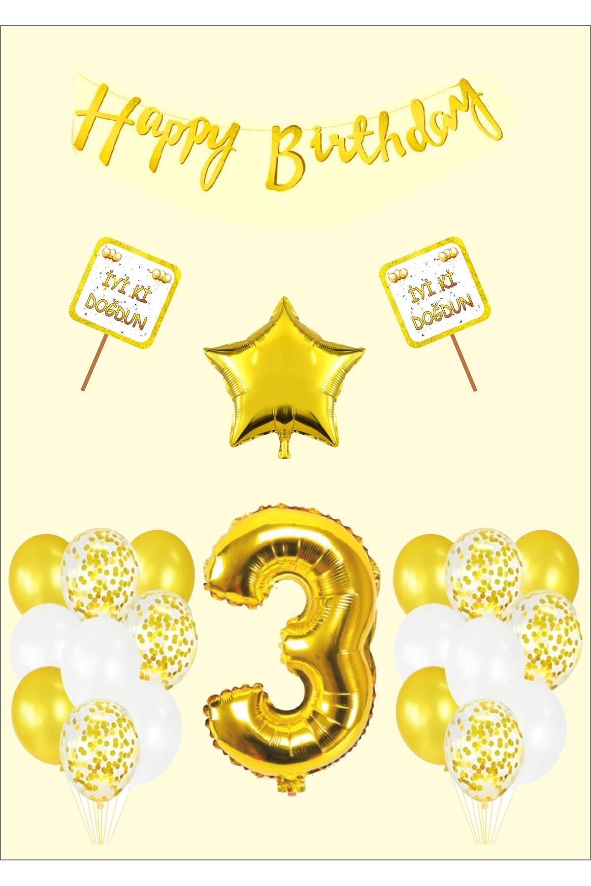 3 Yaş Doğumgünü Parti Konsepti Gold