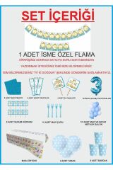 3 Yaş Kişiye Özel Flamalı Mavi Doğumgünü Parti Seti 8 Kişilik