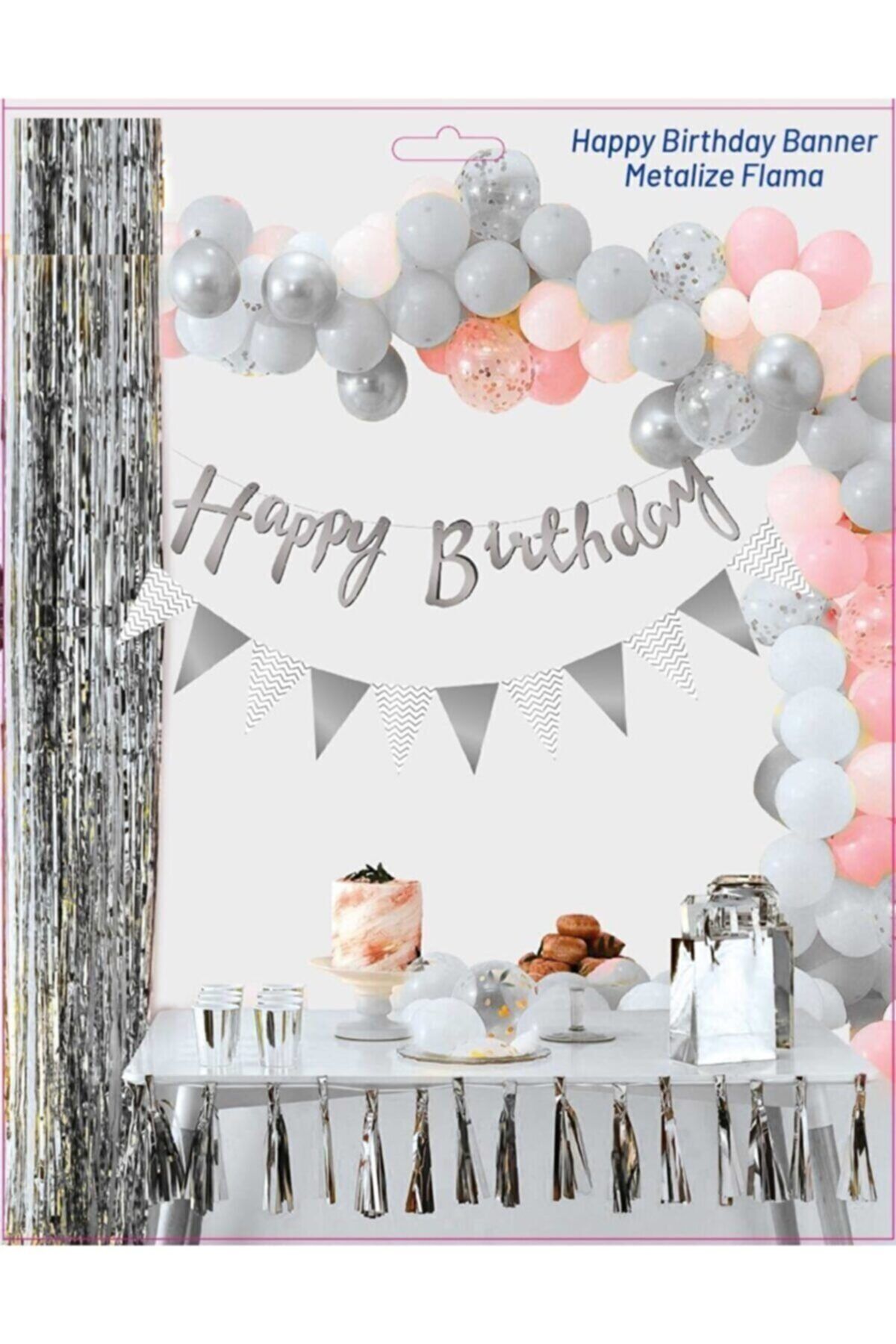 Happy Birthday Kaligrafi Yazı Ve Metalize Flama Set Gümüş