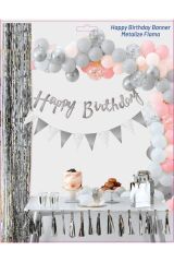 Happy Birthday Kaligrafi Yazı Ve Metalize Flama Set Gümüş