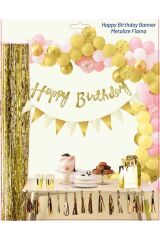 Happy Birthday Kaligrafi Yazı Ve Metalize Flama Set Gold (altın)
