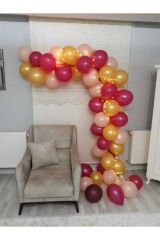 Peri Ledli Balon Zinciri (60 Adet Metalik Gold-rubi-rose Balon + 5 Metre Periled+ Balon Zinciri)