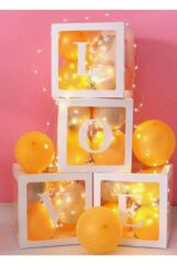 Love Yazılı Ledli Şeffaf Beyaz Kutu Ve Balon Seti