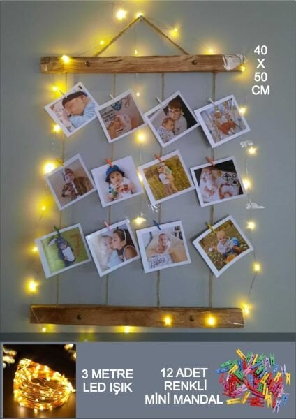Ahşap Fotoğraf Çerçevesi Mandallı İpli Işıklı Resim Çerçevesi Ledli Anı Duvarı