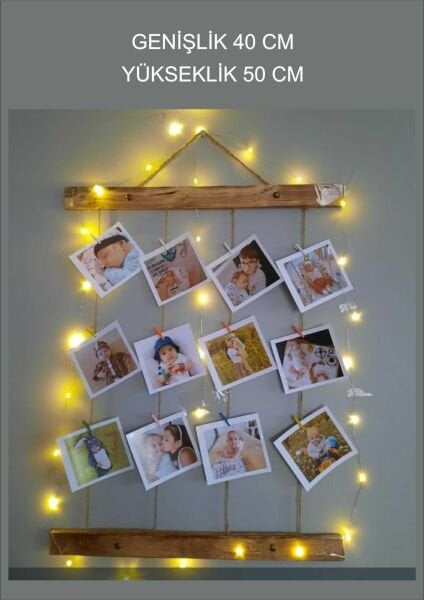 Ahşap Fotoğraf Çerçevesi Mandallı İpli Işıklı Resim Çerçevesi Ledli Anı Duvarı