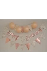 Happy Birthday Kaligrafi Yazı Ve Metalize Flama Set Rose Gold