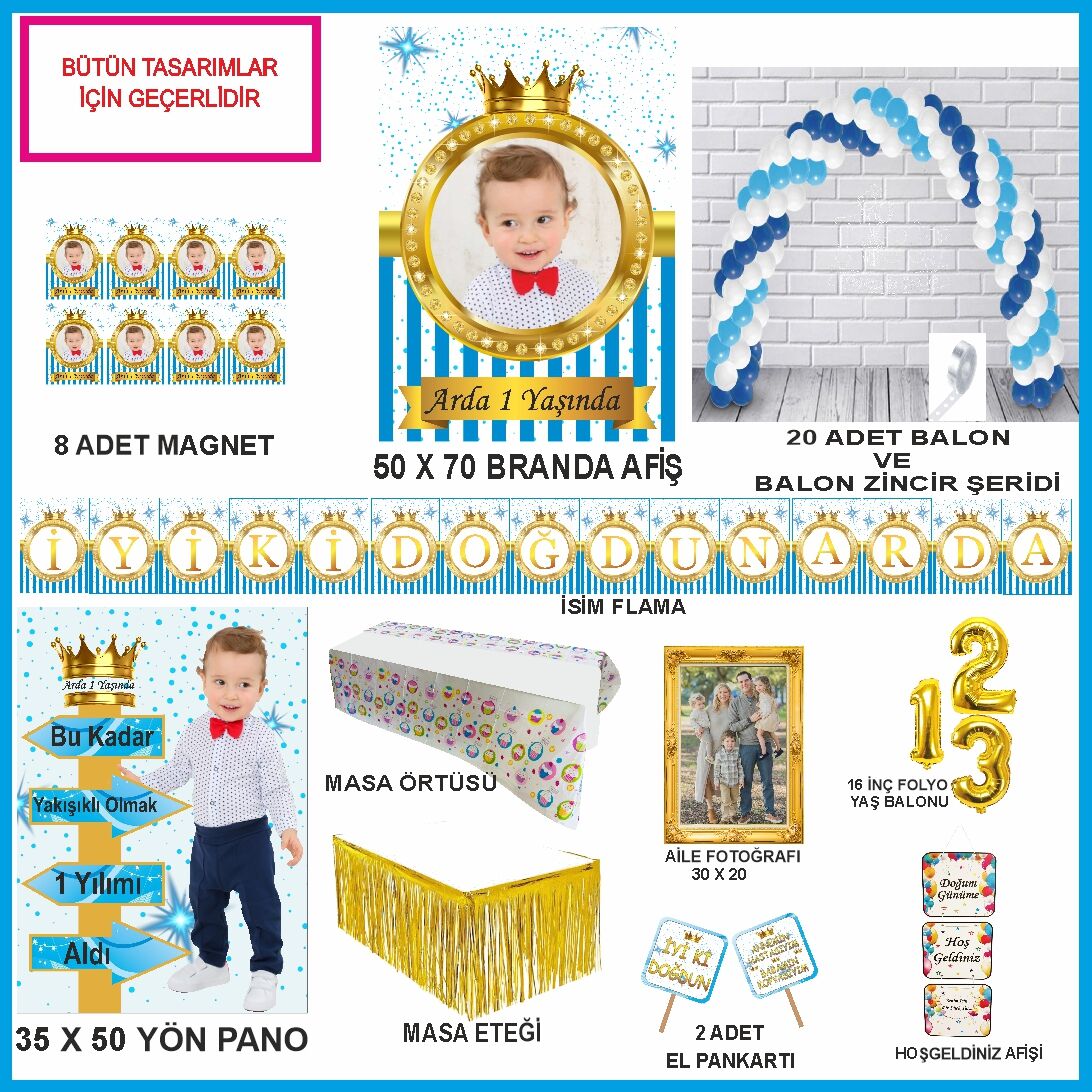 Kişiye Özel Fotoğraflı Mavi Gold Tasarım Doğumgünü Seti