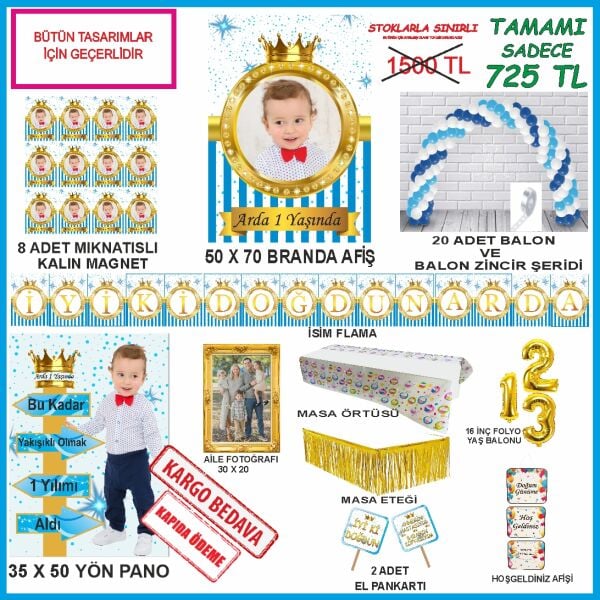 Kişiye Özel Fotoğraflı Mavi Gold Tasarım Doğumgünü Seti