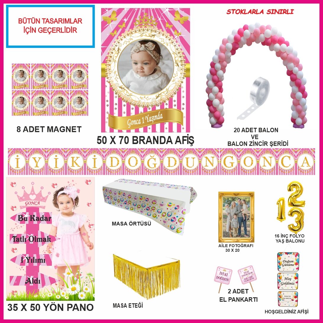 Kişiye Özel Fotoğraflı Pembe Gold Tasarım Doğumgünü Seti