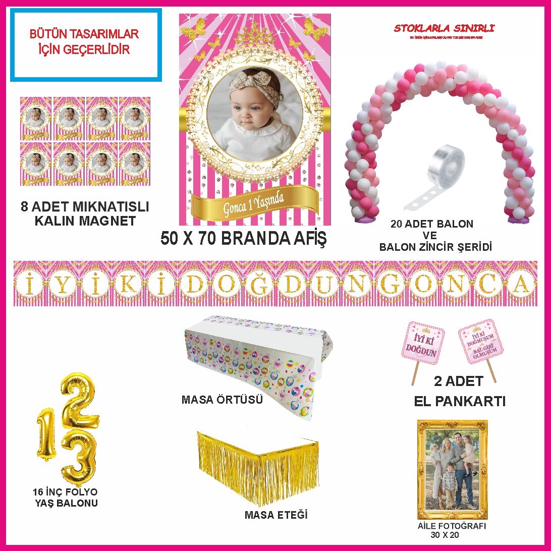 Kişiye Özel Fotoğraflı Pembe Gold Tasarım Ekonomik Doğumgünü Seti