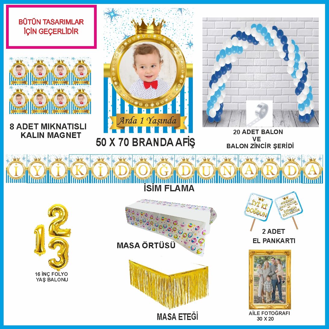 Kişiye Özel Fotoğraflı Mavi Gold Tasarım Ekonomik Doğumgünü Seti