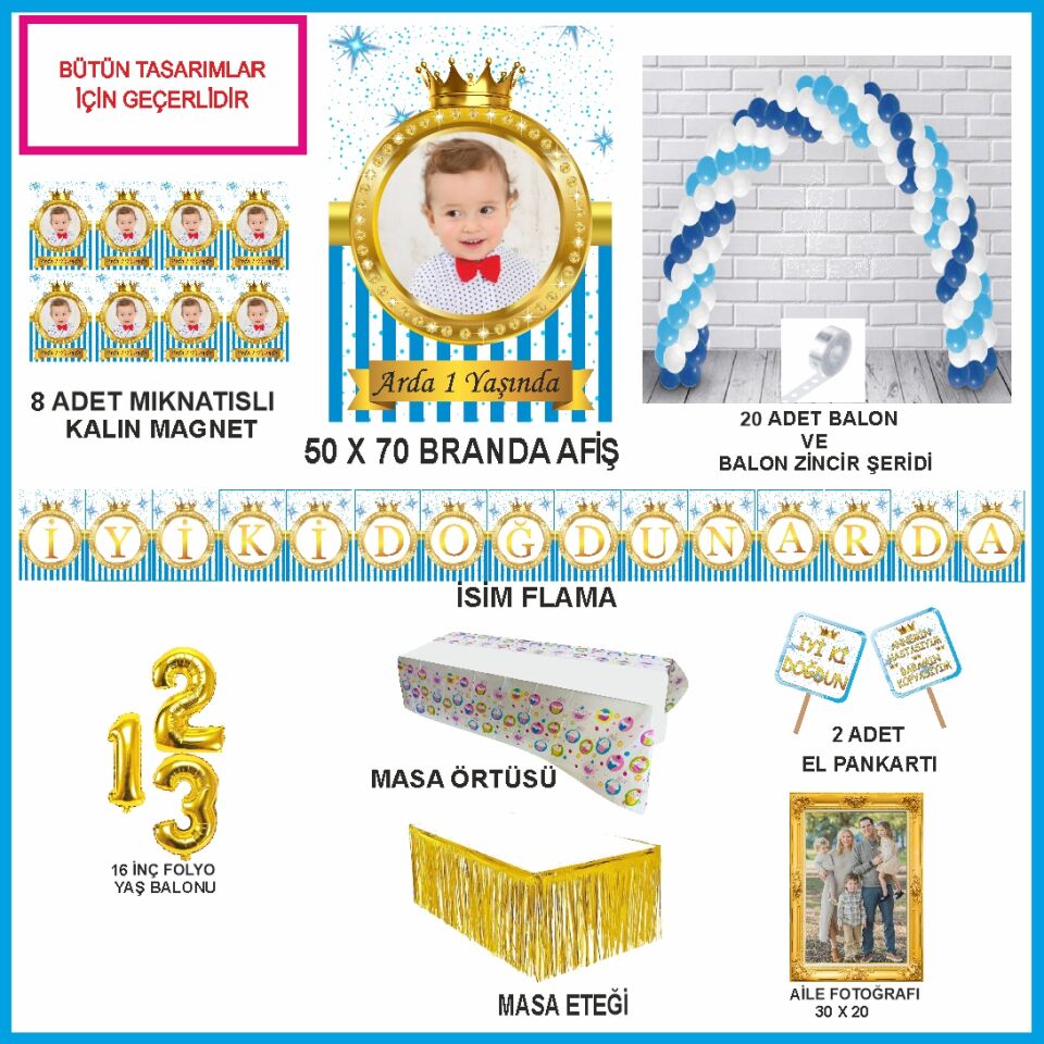 Kişiye Özel Fotoğraflı Mavi Gold Tasarım Ekonomik Doğumgünü Seti