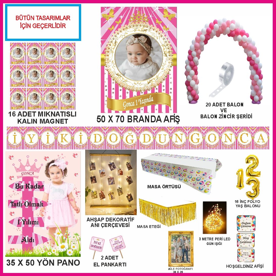 Kişiye Özel Fotoğraflı Pembe Gold Tasarım Mega Doğumgünü Seti