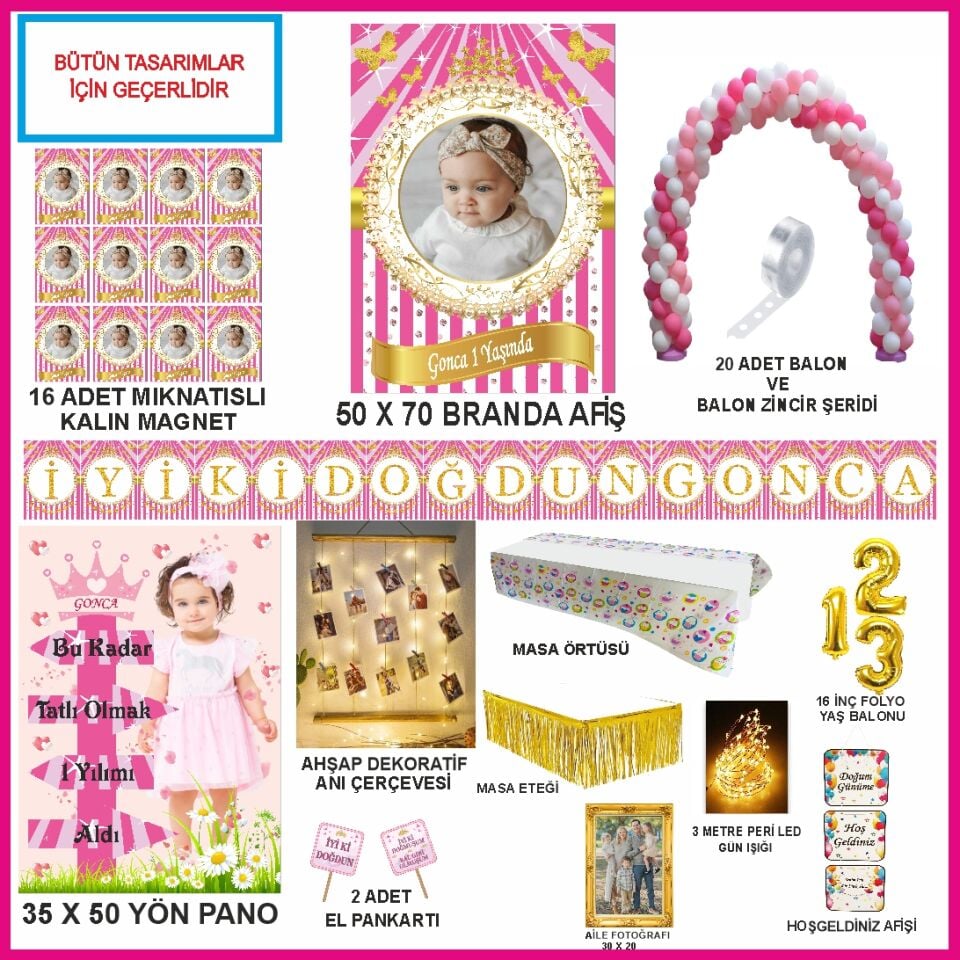 Kişiye Özel Fotoğraflı Pembe Gold Tasarım Mega Doğumgünü Seti