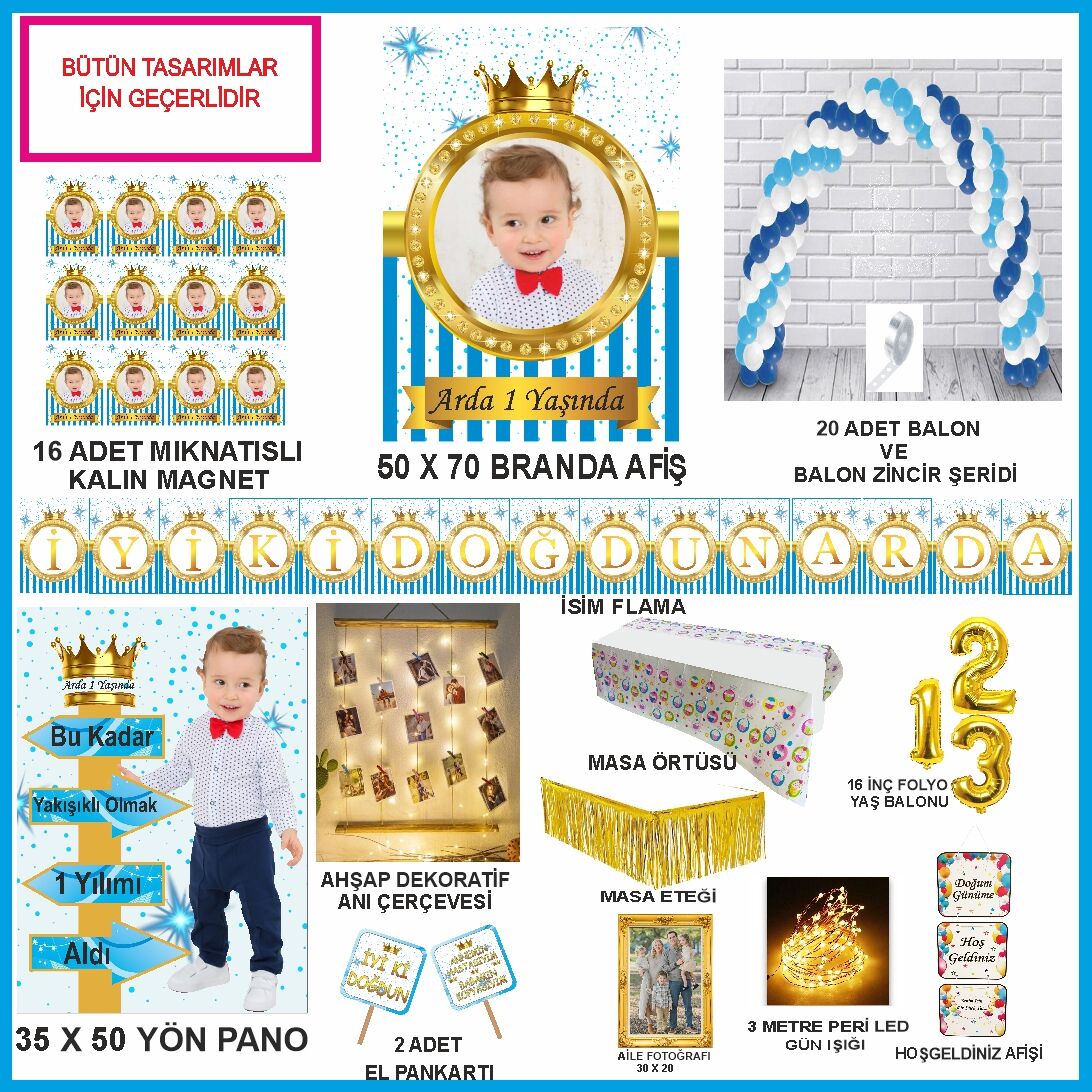 Kişiye Özel Fotoğraflı Mavi Gold Tasarım Mega Doğumgünü Seti