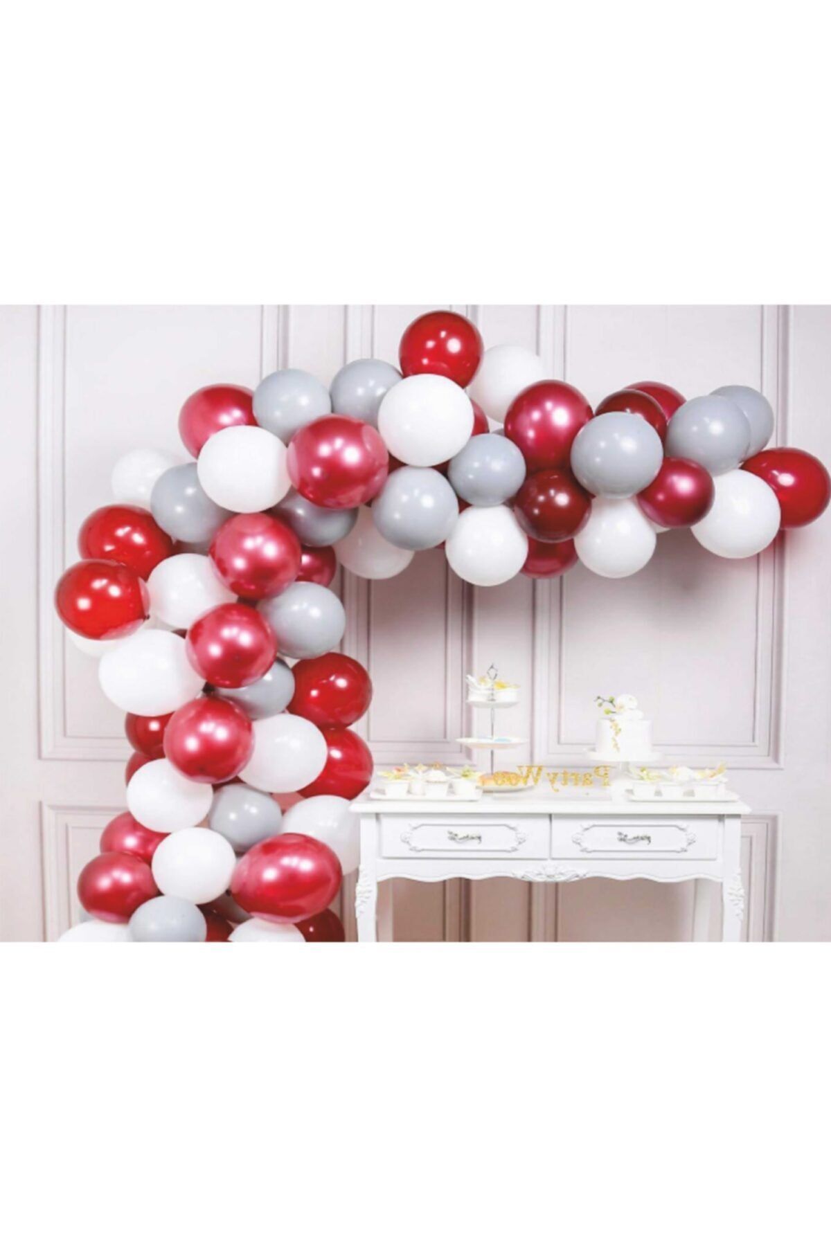60 Adet Metalik Balon Ve 5 Metre Balon Zinciri (bordo-beyaz-gümüş)