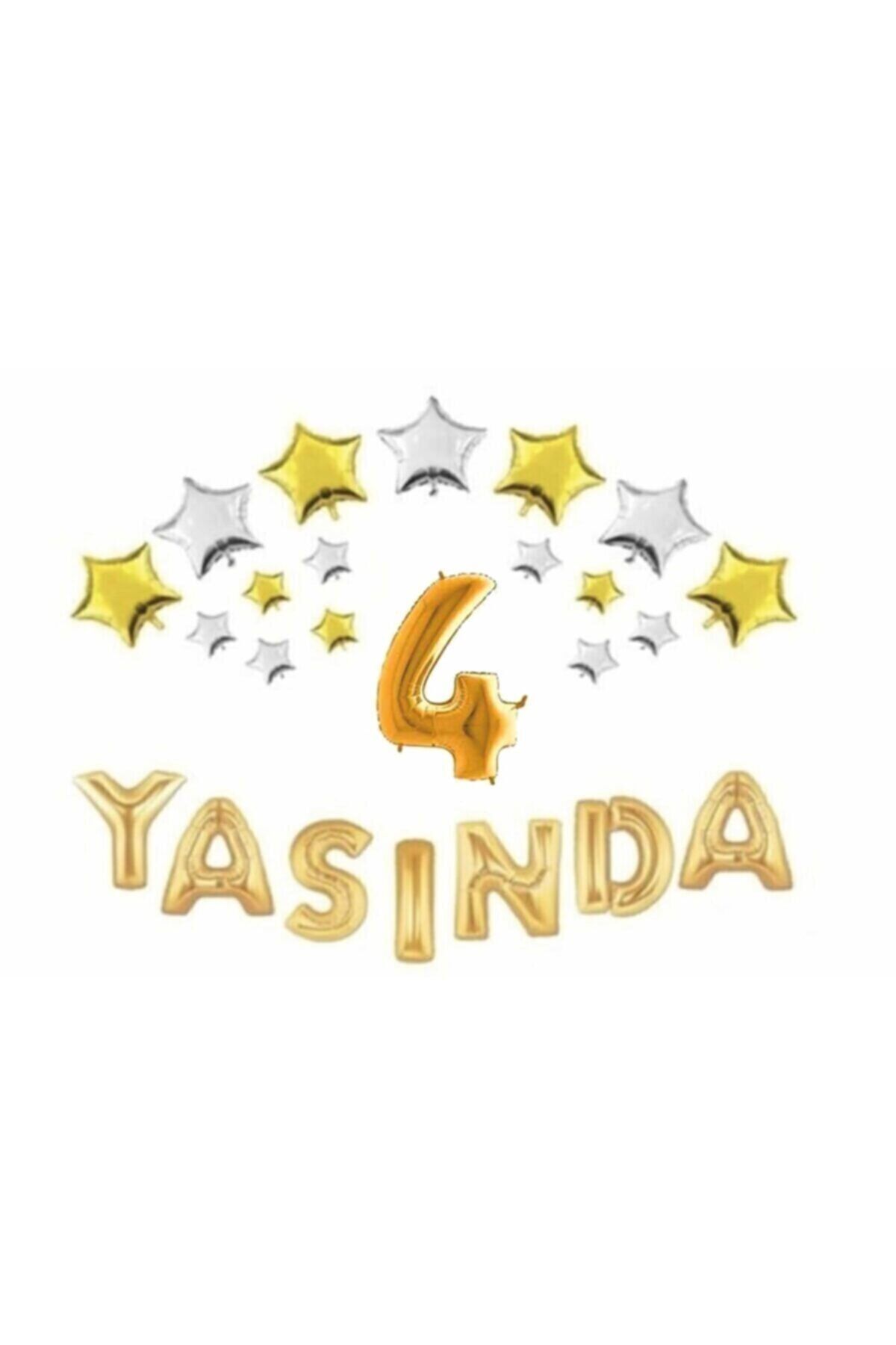 Gold Yıldızlı 4 Yaşında Folyo Balon Seti