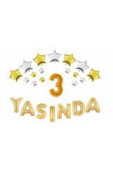 Gold  Yıldızlı 3 Yaşında Folyo Balon Seti