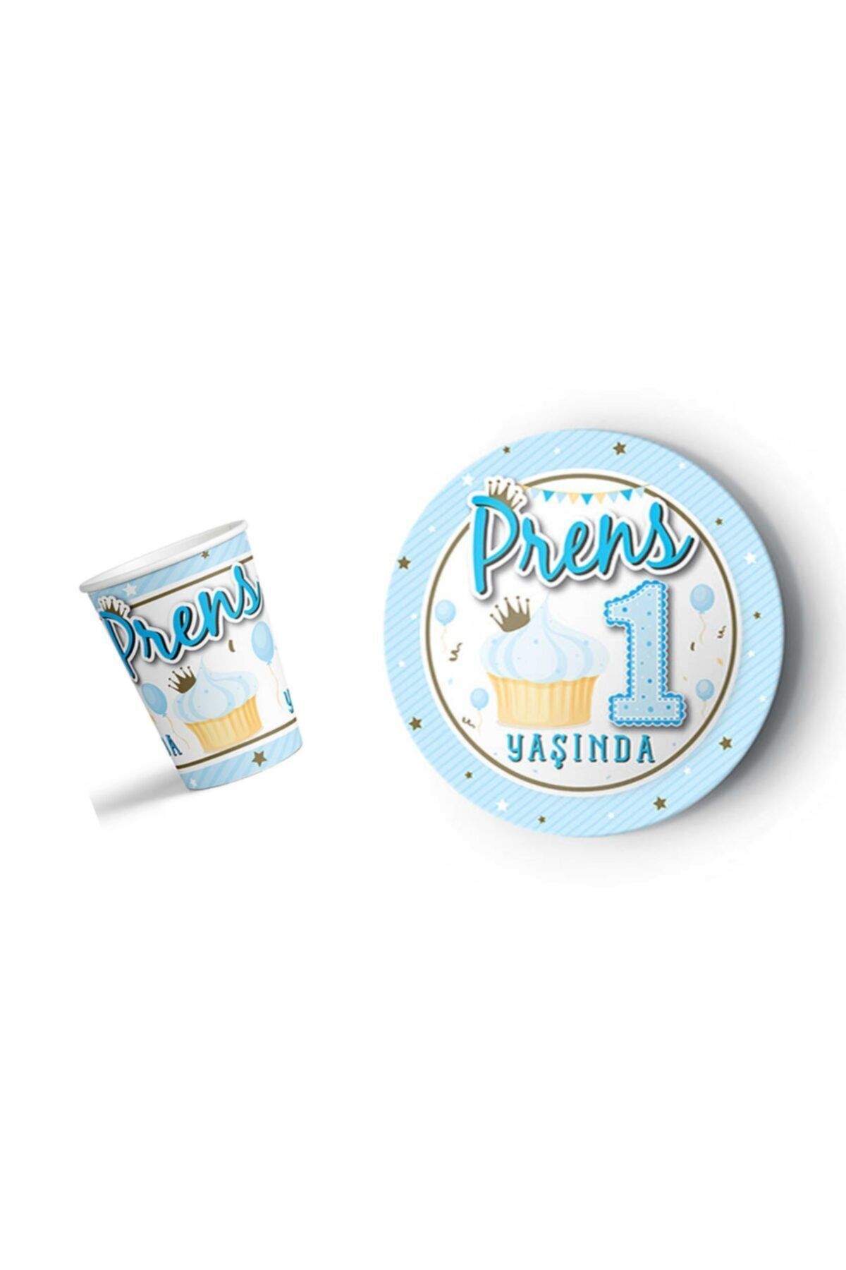 Prens 1 Yaşında Mavi Gold Temalı Karton 8 Li Tabak Bardak Set