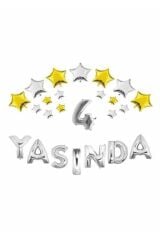 Gümüş Renk Yıldızlı 4 Yaşında Folyo Balon Set