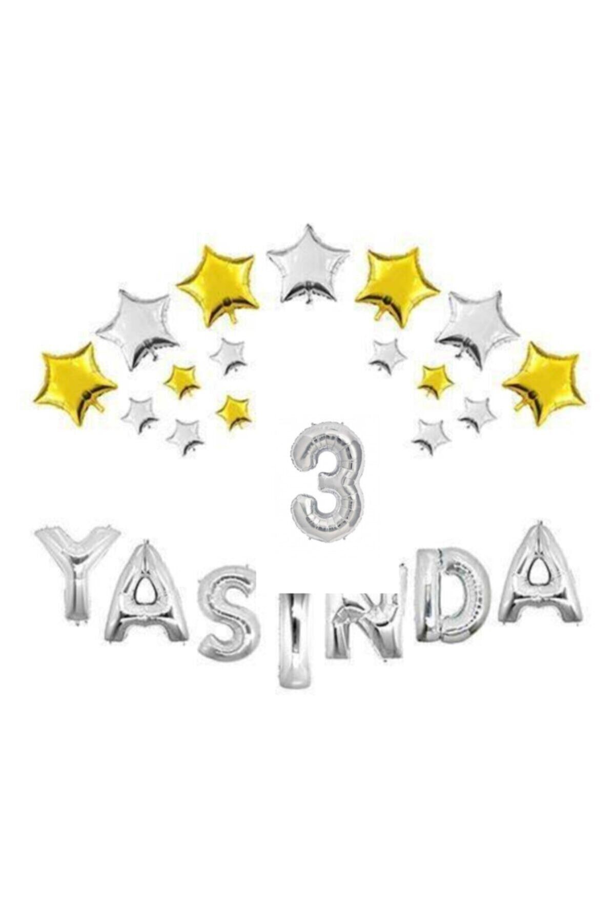 Gümüş Renk 3 Yaşında Folyo Balon Set 50 'li Balon