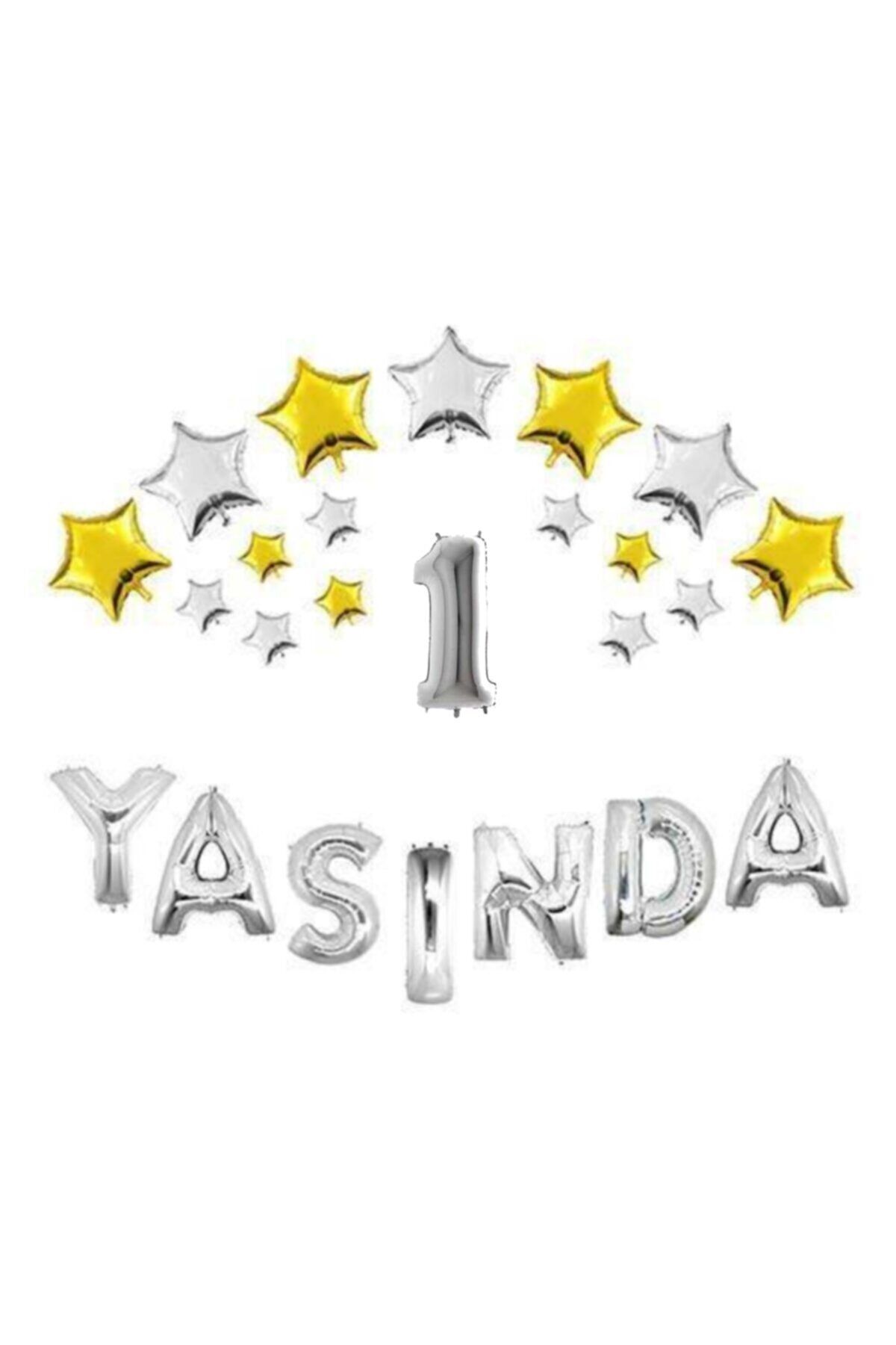 Gümüş Renk Yıldızlı 1 Yaşında Folyo Balon Set