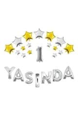 Gümüş Renk Yıldızlı 1 Yaşında Folyo Balon Set