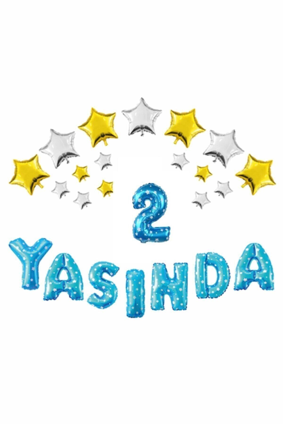 Mavi Renk Yıldızlı 2 Yaşında Folyo Balon Set (50 'li Balon Yapıştırma Bandı Hediye)