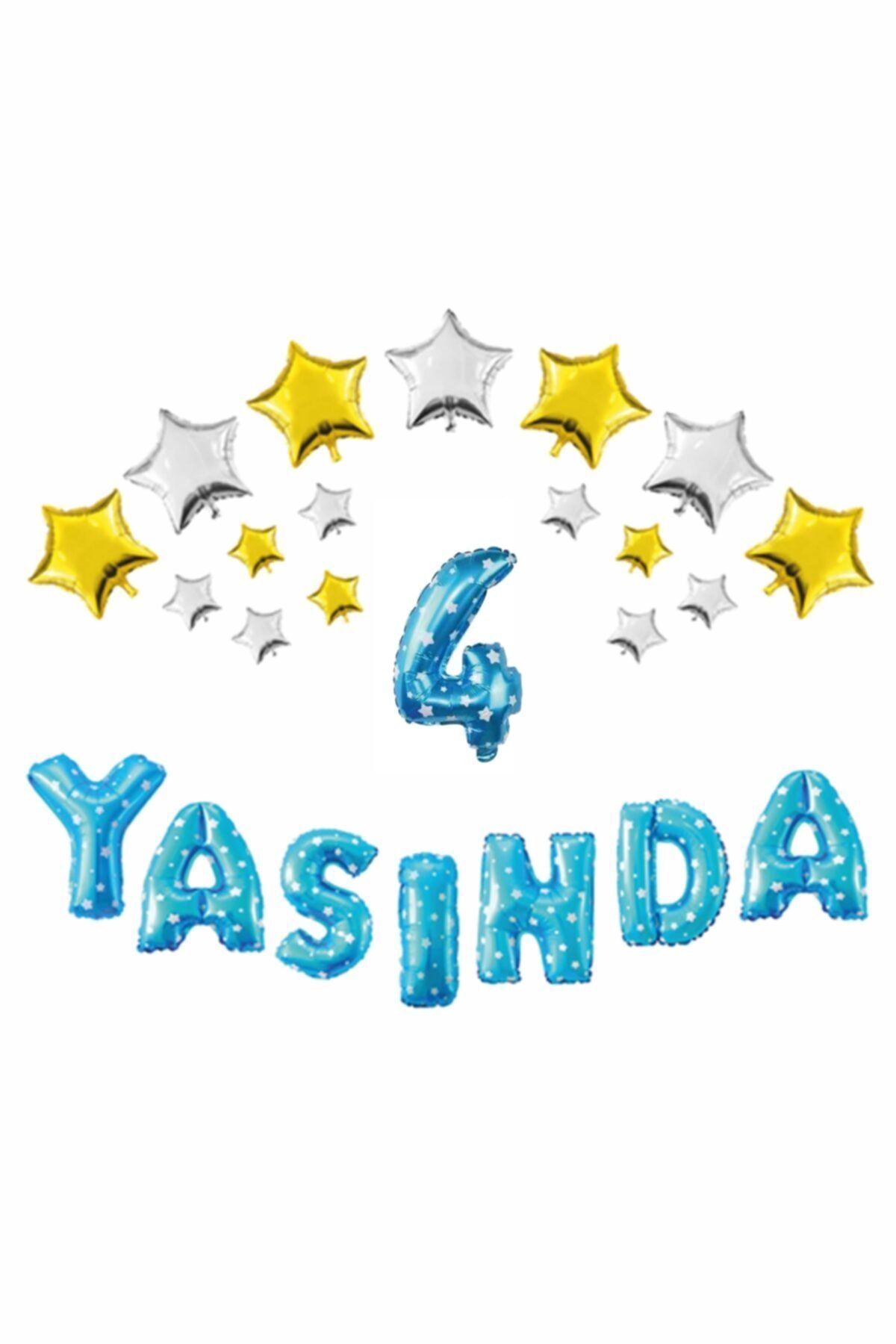 Mavi Renk Yıldızlı 4 Yaşında Folyo Balon Set 50 'li Balon