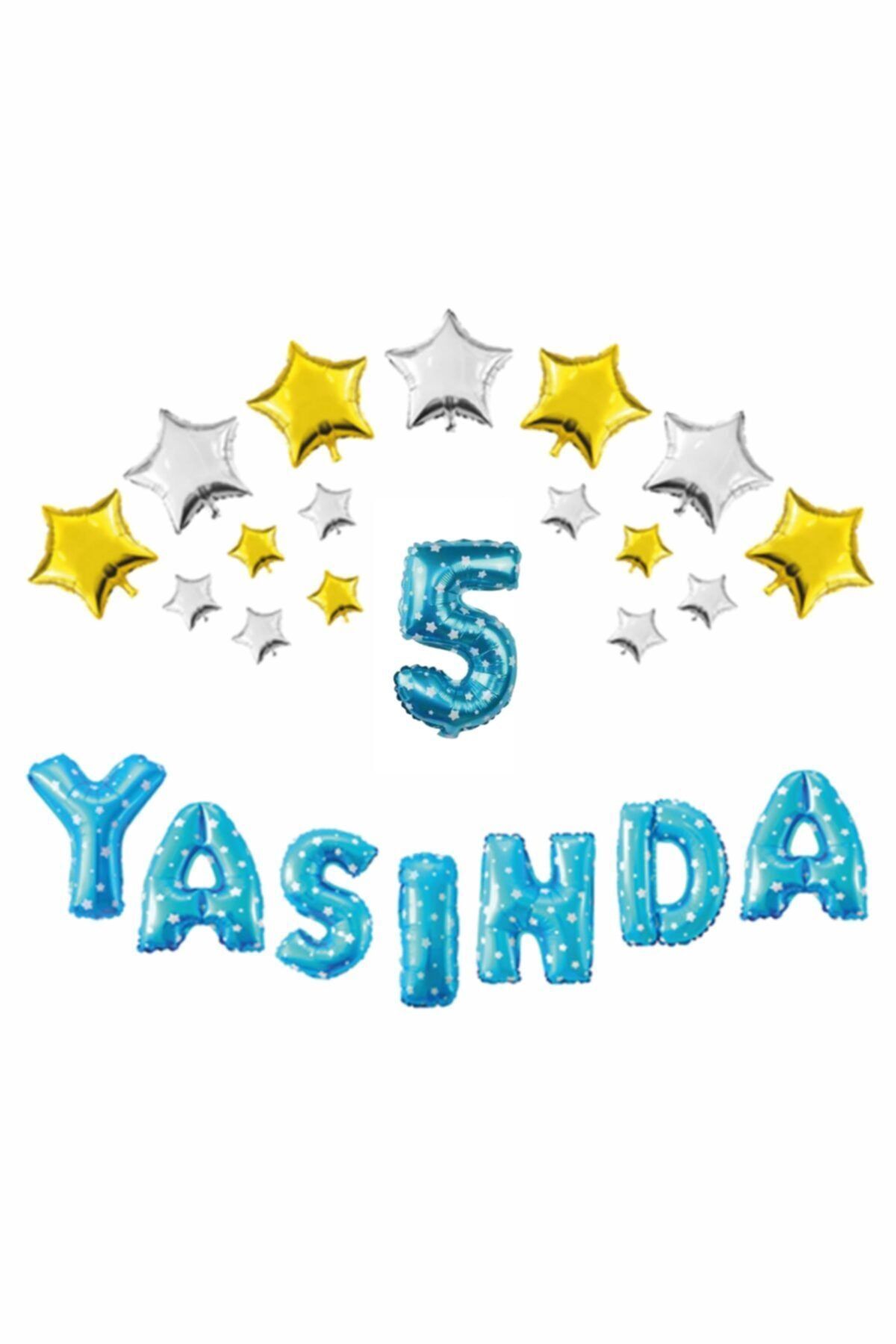 Mavi Renk Yıldızlı 5 Yaşında Folyo Balon Set  50 'li Balon Yapıştırma Bandı