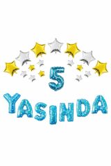 Mavi Renk Yıldızlı 5 Yaşında Folyo Balon Set  50 'li Balon Yapıştırma Bandı
