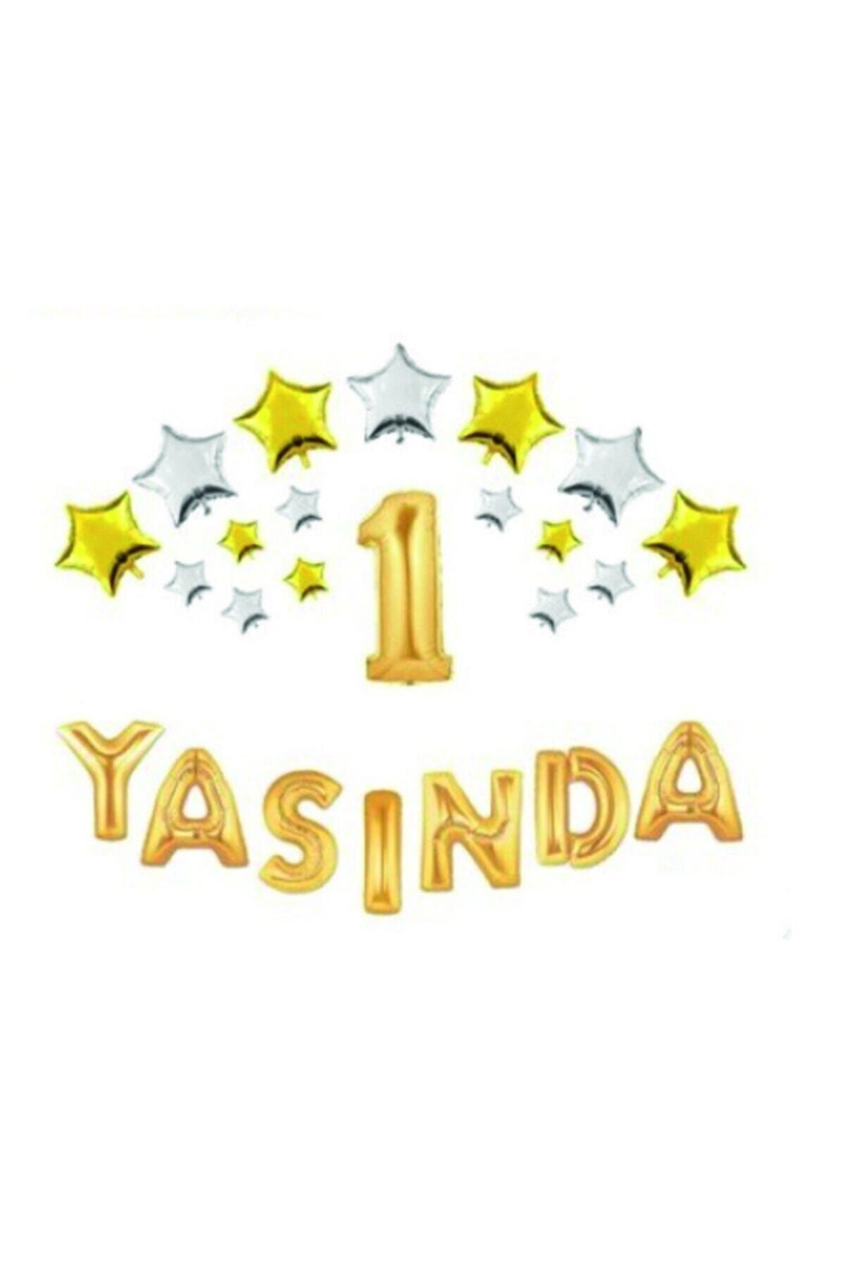 Gold Renk Yıldızlı 1 Yaşında Folyo Balon Set (50 'li Balon Yapıştırma Bandı )
