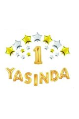 Gold Renk Yıldızlı 1 Yaşında Folyo Balon Set (50 'li Balon Yapıştırma Bandı )