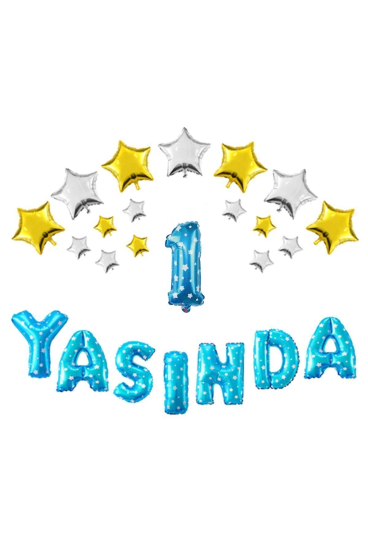Mavi Renk Yıldızlı 1 Yaşında Folyo Balon Set