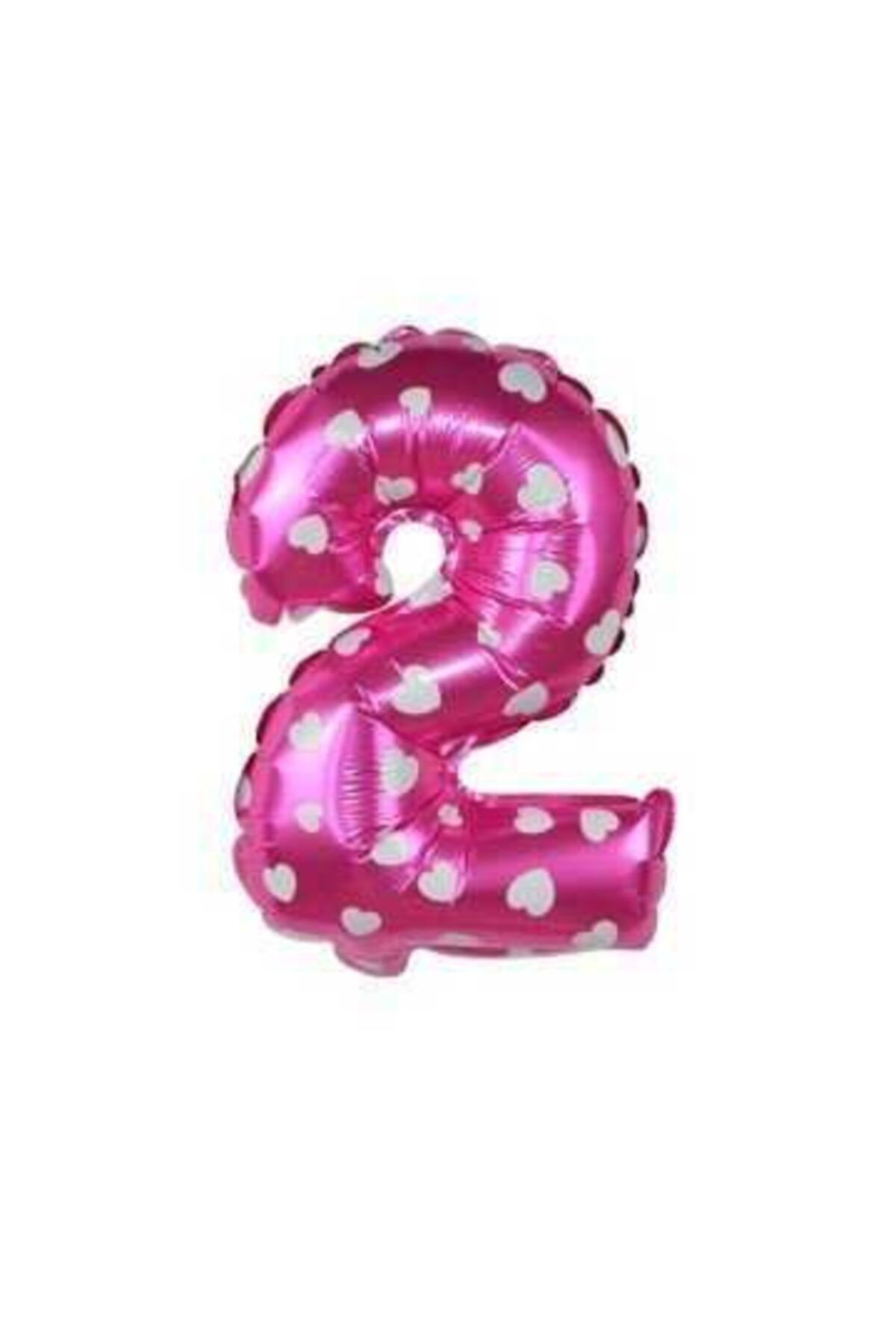 Pembe Renk Beyaz Kalpli Rakam Folyo Balon 40 Cm 16 Inç 2 Rakamı