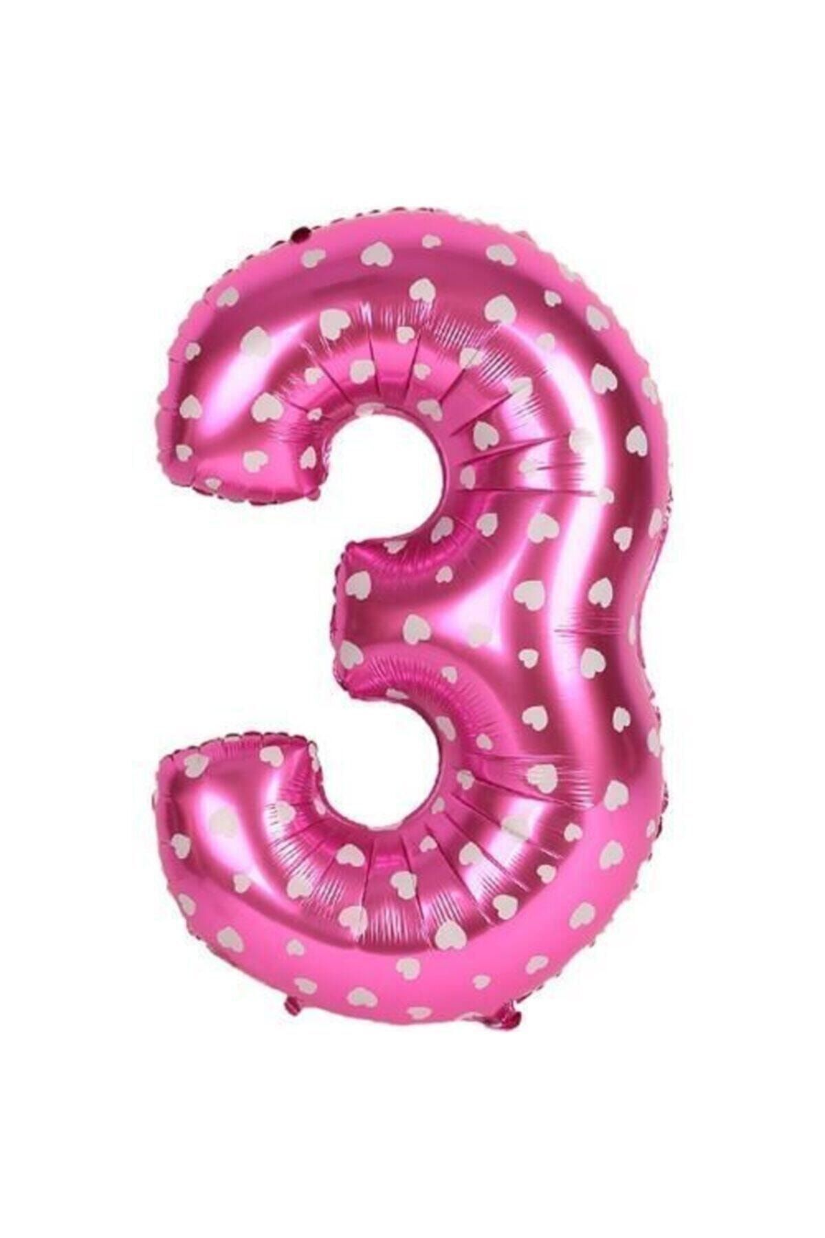 Pembe Renk Beyaz Kalpli Rakam Folyo Balon 40 cm 16 İnç 3 Rakamı