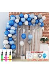 Mavi-beyaz-gri Balon Metalik Renk 90 Adet + 5m Balon Zinciri + Balon Pompası