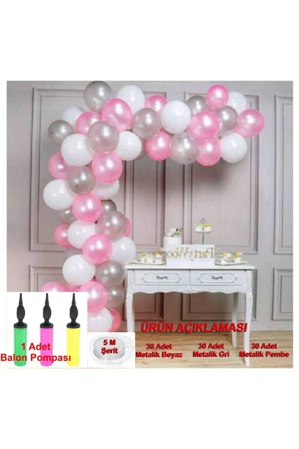Pembe -beyaz- Gri Balon Metalik Renk 90 Adet + 5 M Balon Yapma Zinciri + Balon Pompası